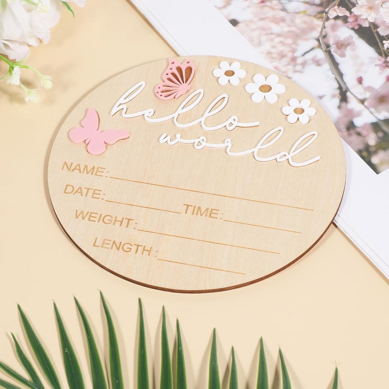 Ajcotahm Hello World Newborn Sign, 5.9 Inch Wooden Baby Announcement Sign Pink Butterfly Style Birth Welcome Board for Newborn Boys Girls Photo Props Baby Shower Hospital Nursery (White) - Image 4